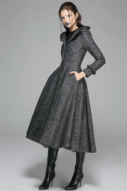 Hooded maxi wool dress coat with ruffle detail 1369#