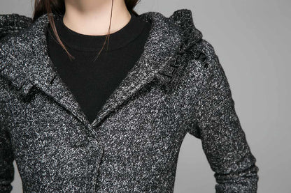 Gray Hooded Wool Maxi Coat – Gothic Ruffle Trim Winter Overcoat | Xiaolizi 1369