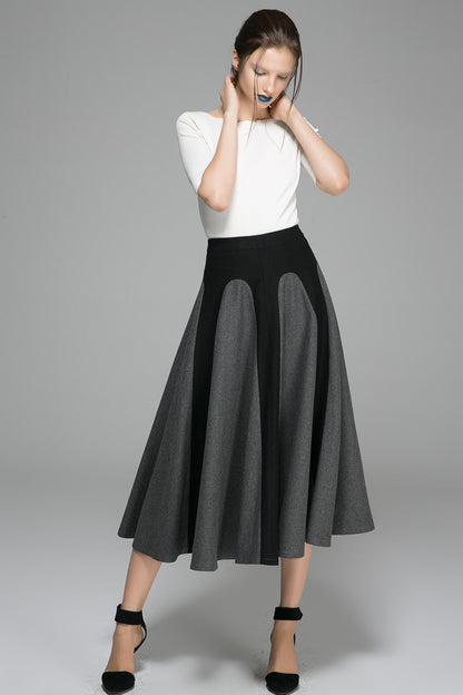 Handmade Two-Tone Gray Wool Maxi Skirt – Elegant Winter Swing Skirt | Xiaolizi 1381