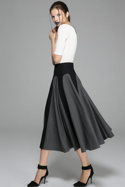 Handmade Two-Tone Gray Wool Maxi Skirt – Elegant Winter Swing Skirt | Xiaolizi 1381