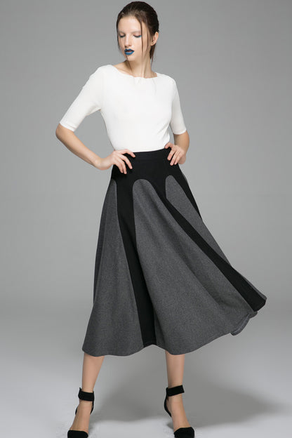 Handmade Two-Tone Gray Wool Maxi Skirt – Elegant Winter Swing Skirt | Xiaolizi 1381