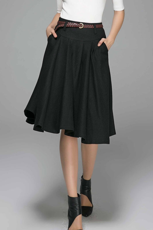 Black Wool Midi Skirt – Vintage High Waist Skirt with Pockets 1390