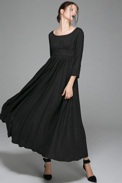 Black Linen Cotton Maxi Dress - Empire Waist, Pleated Skirt 1394