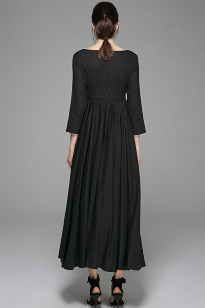 Black Linen Cotton Maxi Dress - Empire Waist, Pleated Skirt 1394