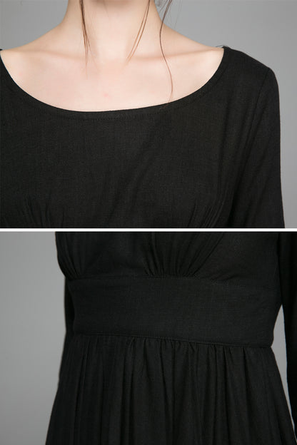 Black Linen Cotton Maxi Dress - Empire Waist, Pleated Skirt 1394