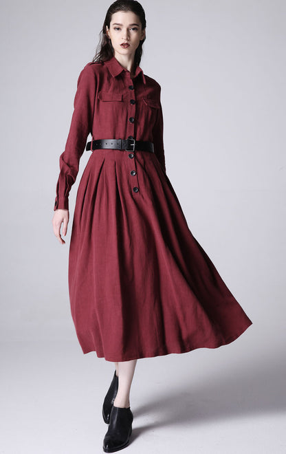 Red Linen Maxi Dress - Button Front, Long Sleeve 1170