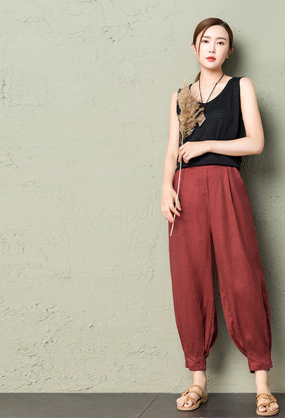 Rust Red Linen Cotton Wide Leg Pants - Back Elastic Waist Comfort 2607