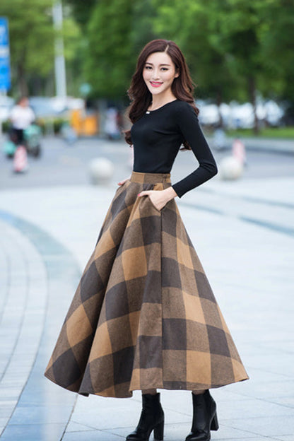 Plaid Wool Maxi Skirt - Elastic Waist, Ankle Length 2711