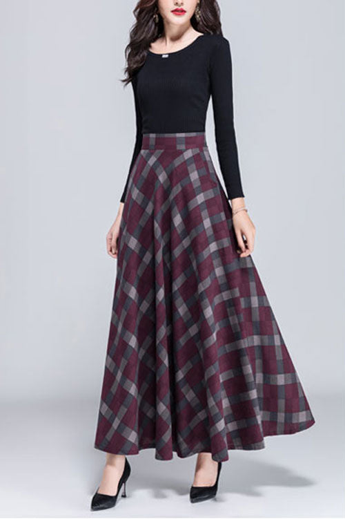 Women Red Plaid Maxi Linen Skirt 3054