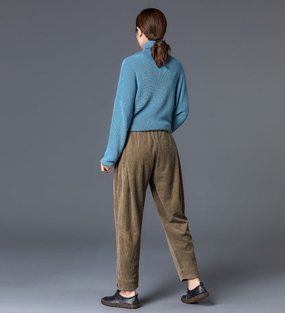 Brown Cotton Corduroy Wide Leg Pants - Elastic Waist, Ankle Length 2603