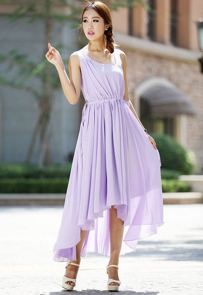 Purple Chiffon Maxi Dress - Irregular Hem, Adjustable Waist 992