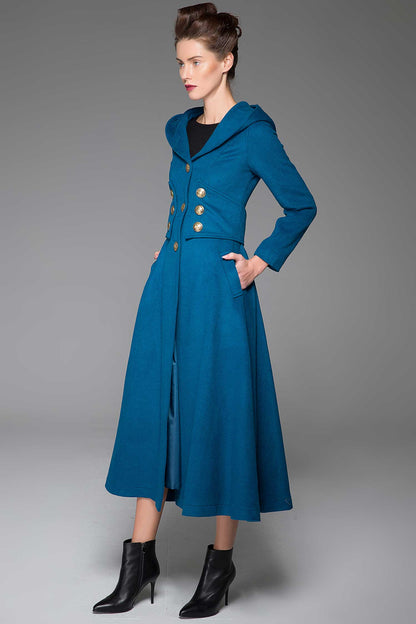 Wool Hooded Coat – Vintage Long Winter Overcoat with Button Detailing 1409