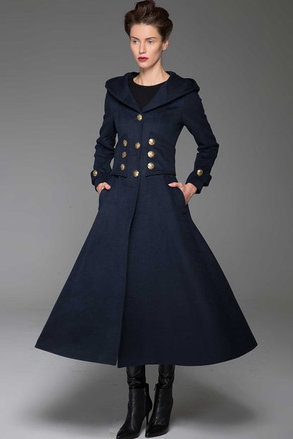 Navy Wool Hooded Long Coat - Oversized Fit with Gold Buttons 1420