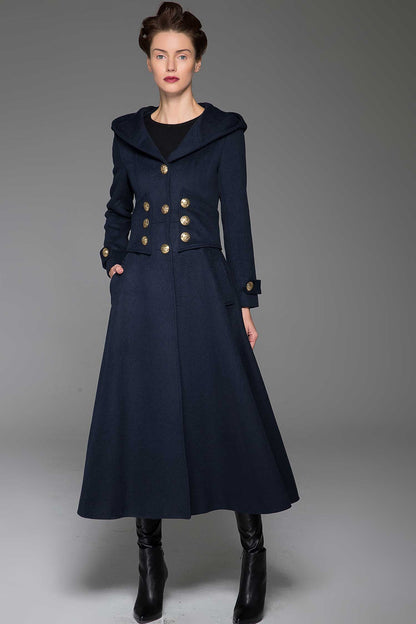 Navy Wool Hooded Long Coat - Oversized Fit with Gold Buttons 1420