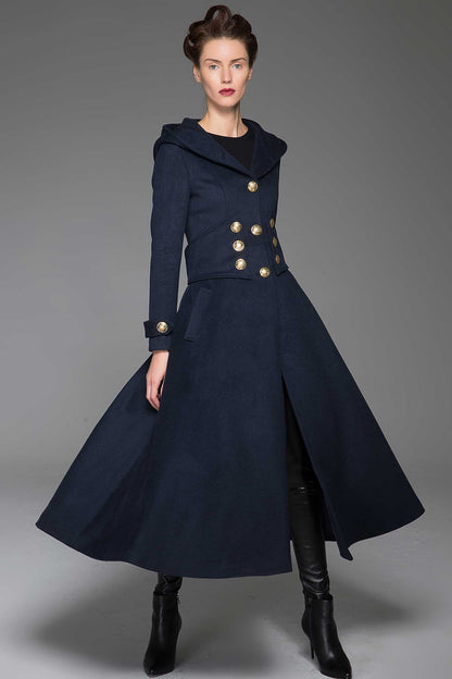 Navy Wool Hooded Long Coat - Oversized Fit with Gold Buttons 1420