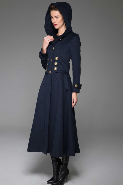 Navy Wool Hooded Long Coat - Oversized Fit with Gold Buttons 1420