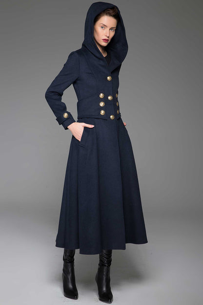 Navy Wool Hooded Long Coat - Oversized Fit with Gold Buttons 1420