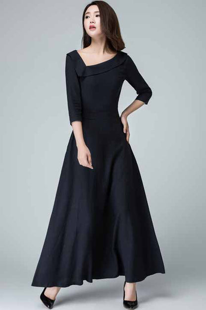 Navy Linen-Cotton Maxi Dress - Asymmetrical Neckline, Flared Skirt 1453