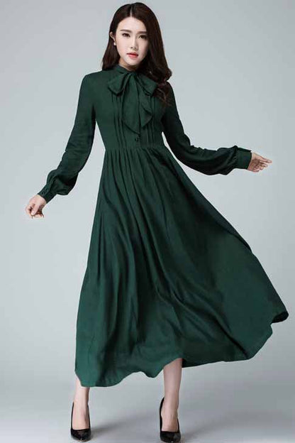 handmade long sleeve shirt dress in green 1455#