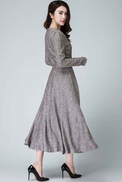 Beige Linen Dress - V-Neck Fit and Flare with Long Sleeves 1456