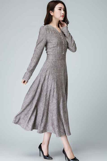 Beige Linen Dress - V-Neck Fit and Flare with Long Sleeves 1456