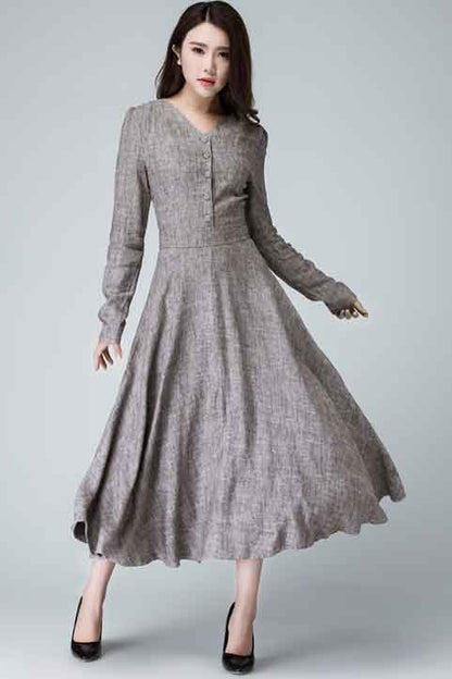 Beige Linen Dress - V-Neck Fit and Flare with Long Sleeves 1456