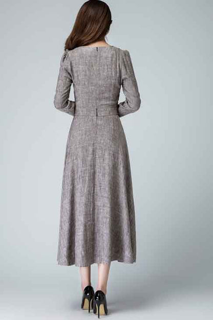 Beige Linen Dress - V-Neck Fit and Flare with Long Sleeves 1456