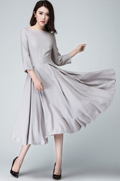 Handmade Light Gray Linen Midi Dress – Bateau Neck with Deep Back Cut 1462