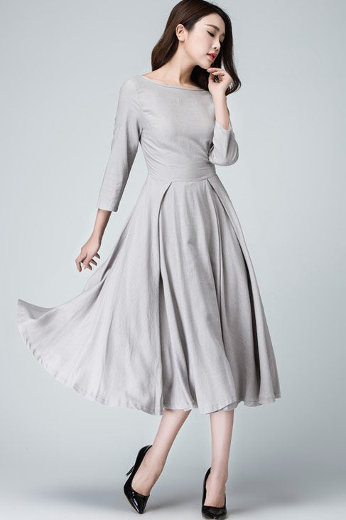 Handmade Light Gray Linen Midi Dress – Bateau Neck with Deep Back Cut 1462