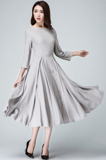 Handmade Light Gray Linen Midi Dress – Bateau Neck with Deep Back Cut 1462