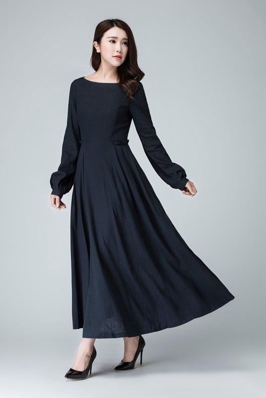Xiaolizi handmade long sleeve swing maxi dress in Blue 1465#