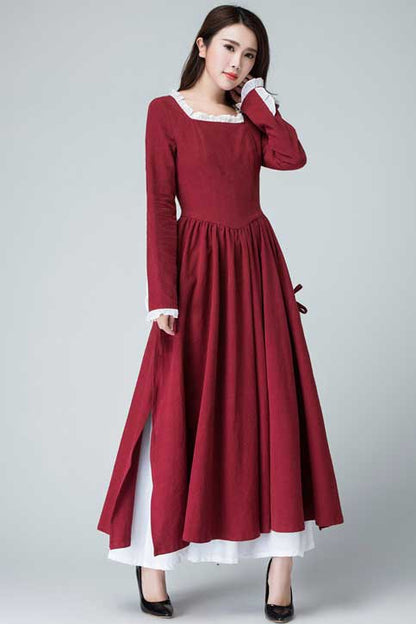 Burgundy Linen Maxi Dress - Square Neck Long Sleeve Pleated | Xiaolizi 1473