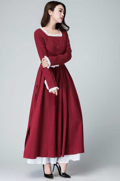 Burgundy Linen Maxi Dress - Square Neck Long Sleeve Pleated | Xiaolizi 1473