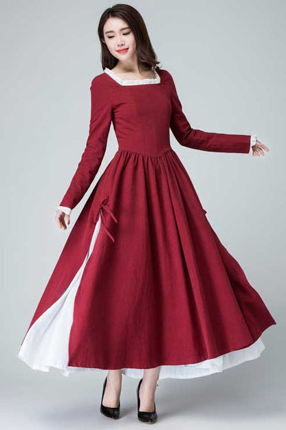 Burgundy Linen Maxi Dress - Square Neck Long Sleeve Pleated | Xiaolizi 1473