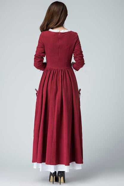 Burgundy Linen Maxi Dress - Square Neck Long Sleeve Pleated | Xiaolizi 1473