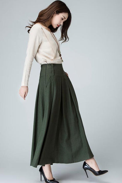 Olive Green Linen Maxi Skirt - Pleated Waist with Pocket Detail 1481
