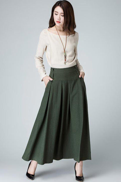 Olive Green Linen Maxi Skirt - Pleated Waist with Pocket Detail 1481