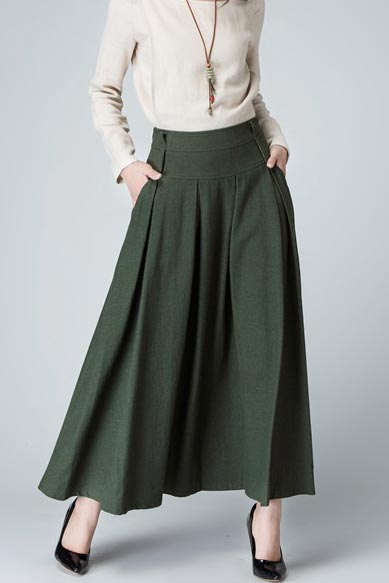 olive green pleat maxi skirt 1481#