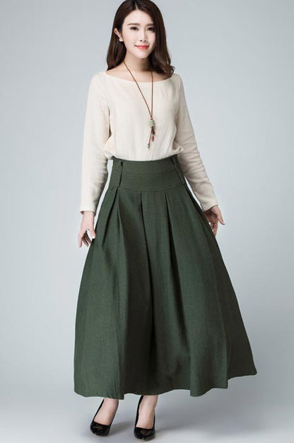 Olive Green Linen Maxi Skirt - Pleated Waist with Pocket Detail 1481