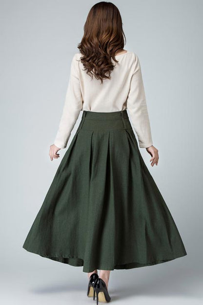 Olive Green Linen Maxi Skirt - Pleated Waist with Pocket Detail 1481