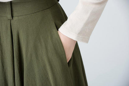 Olive Green Linen-Cotton Maxi Skirt - Flared Circle Silhouette 1482