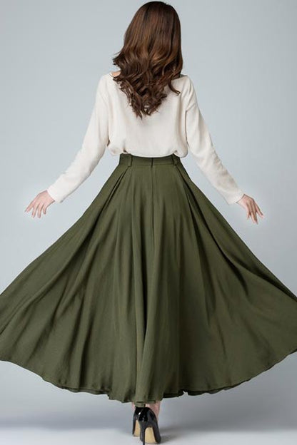 Olive Green Linen-Cotton Maxi Skirt - Flared Circle Silhouette 1482