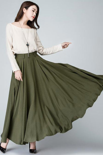 Olive Green Linen-Cotton Maxi Skirt - Flared Circle Silhouette 1482