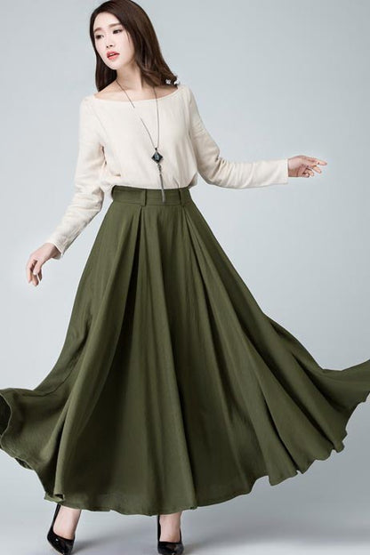 Olive Green Linen-Cotton Maxi Skirt - Flared Circle Silhouette 1482