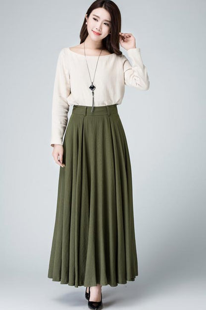 Olive Green Linen-Cotton Maxi Skirt - Flared Circle Silhouette 1482