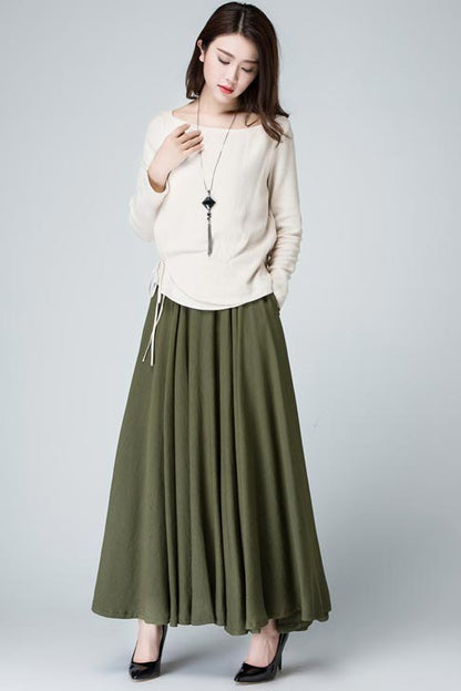 Olive Green Linen-Cotton Maxi Skirt - Flared Circle Silhouette 1482