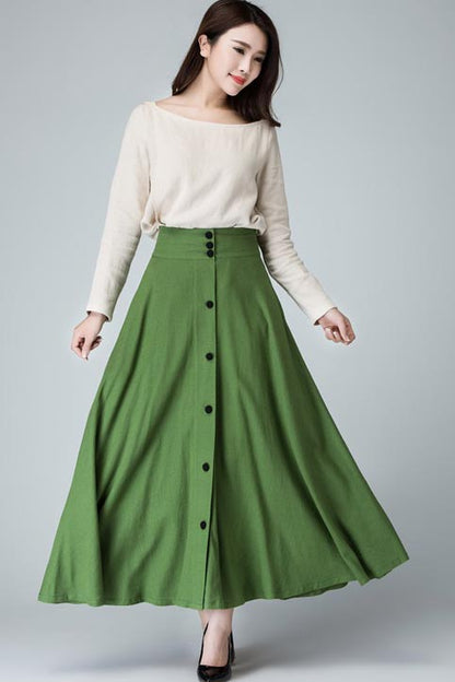 Green Linen Cotton Maxi Skirt – Vintage High Waist Long Skirt with Pockets 1484