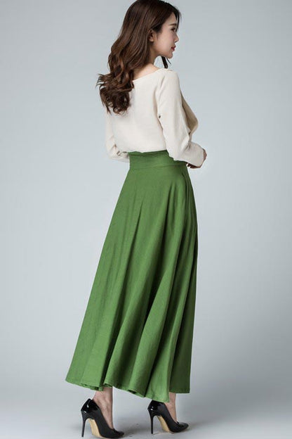 Green Linen Cotton Maxi Skirt – Vintage High Waist Long Skirt with Pockets 1484