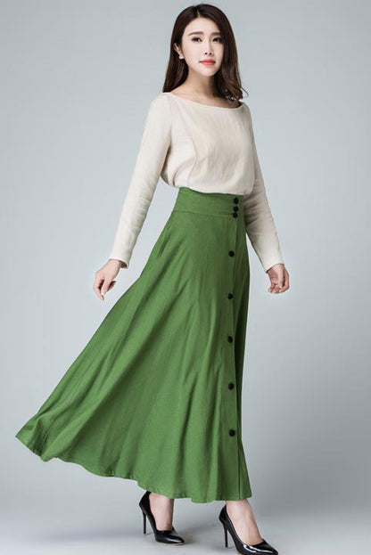 Green Linen Cotton Maxi Skirt – Vintage High Waist Long Skirt with Pockets 1484