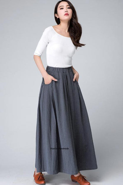 Artisan-Made Grey Maxi Skirt – Handmade Linen Cotton Flared Skirt for Spring | Xiaolizi 1498
